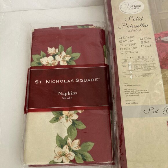 Victoria Classics Solid Burgundy Poinsettia Tablecloth 60" x 84" & 8 Napkins New - Picture 14 of 15
